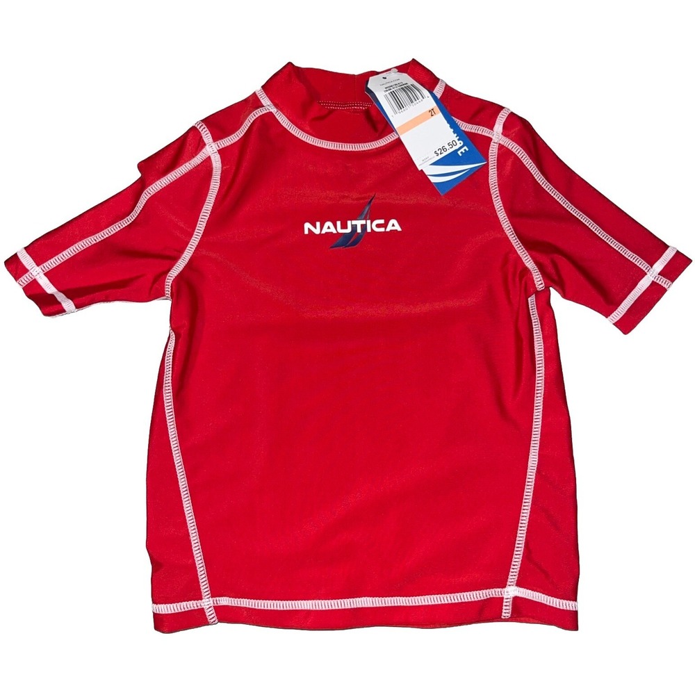 Nautica Boys Rash Guard Swim Shirt Red Short Sleeve UV Protection Size 2T